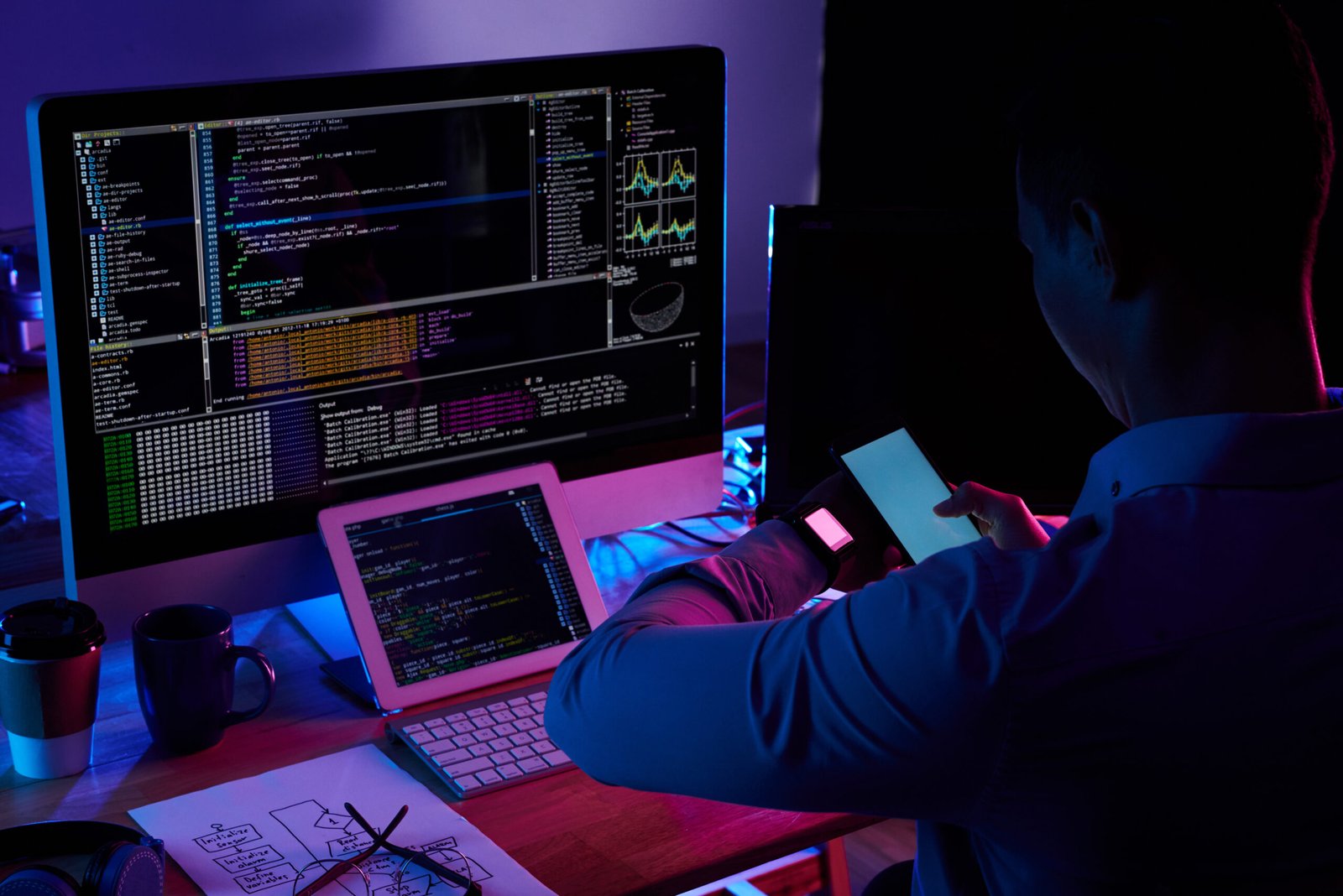 Programmer scanning screen on his smartwatch with smartphone camera