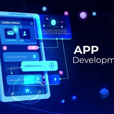 App development banner, adaptive layout application web interface on smartphone touch screen, user software API prototyping, testing, neon glowing background. Cartoon vector illustration, landing page